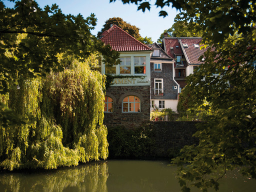 Historisches Haus mit Trauerweide am Wasser