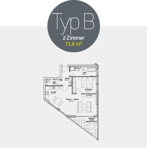 Grundriss Typ B: 2 Zimmer, 73,8 m²